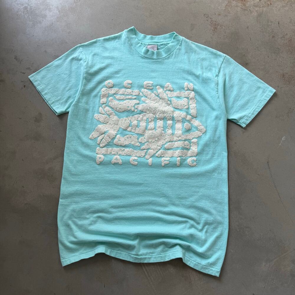 Vintage 80’s Ocean Pacific OP Surf Fish Puff Print Retro T-shirt Size Large